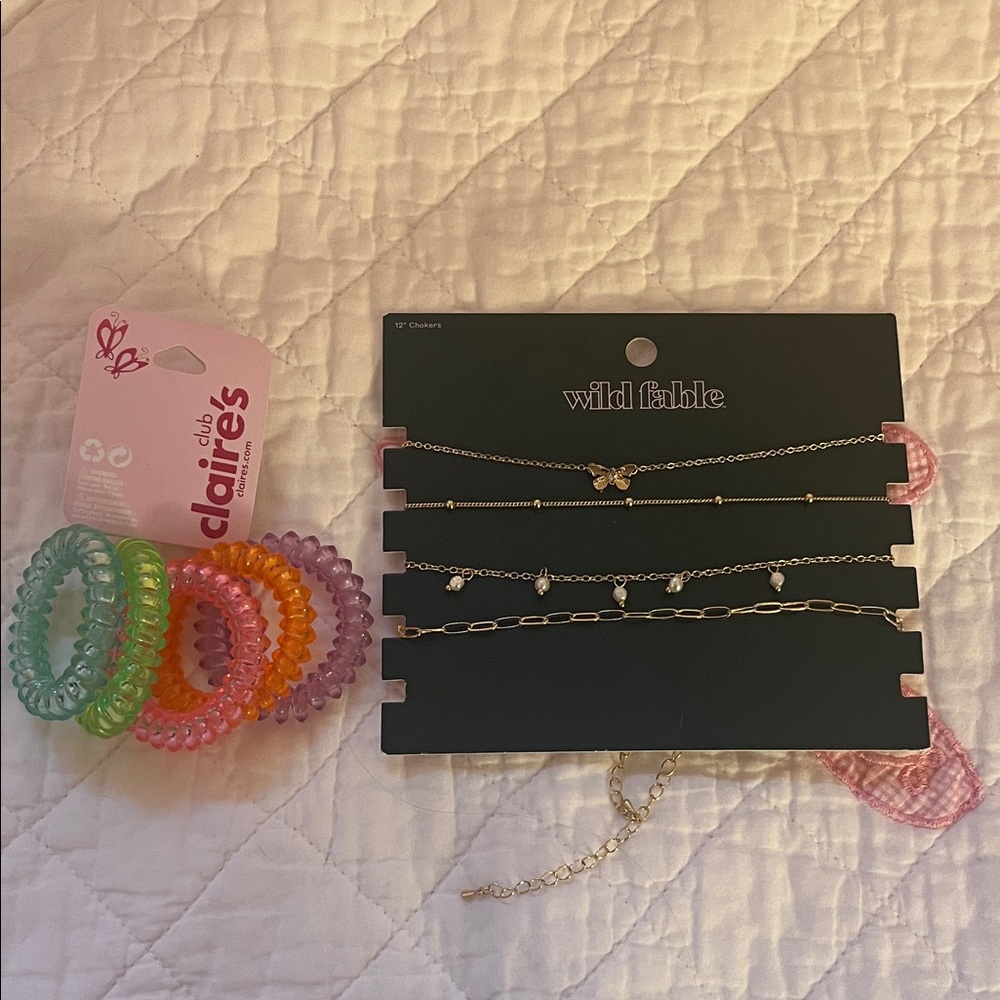 Claire's Neon Spiral Hair Ties & Gold Charm Layered Necklace Set
